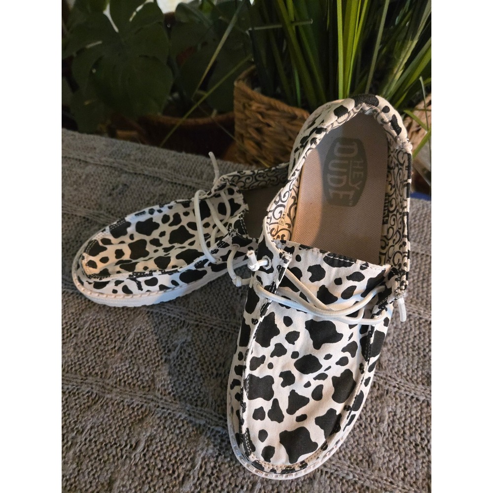 HEY DUDE - Wendy Milky Way Cow Print Canvas Slip On Loafers Womens 8 White Black